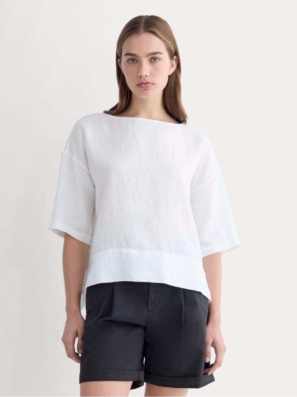 Everlane The Boatneck Linen Top White Relaxed Boxy Short Sleeve XXS NWT
